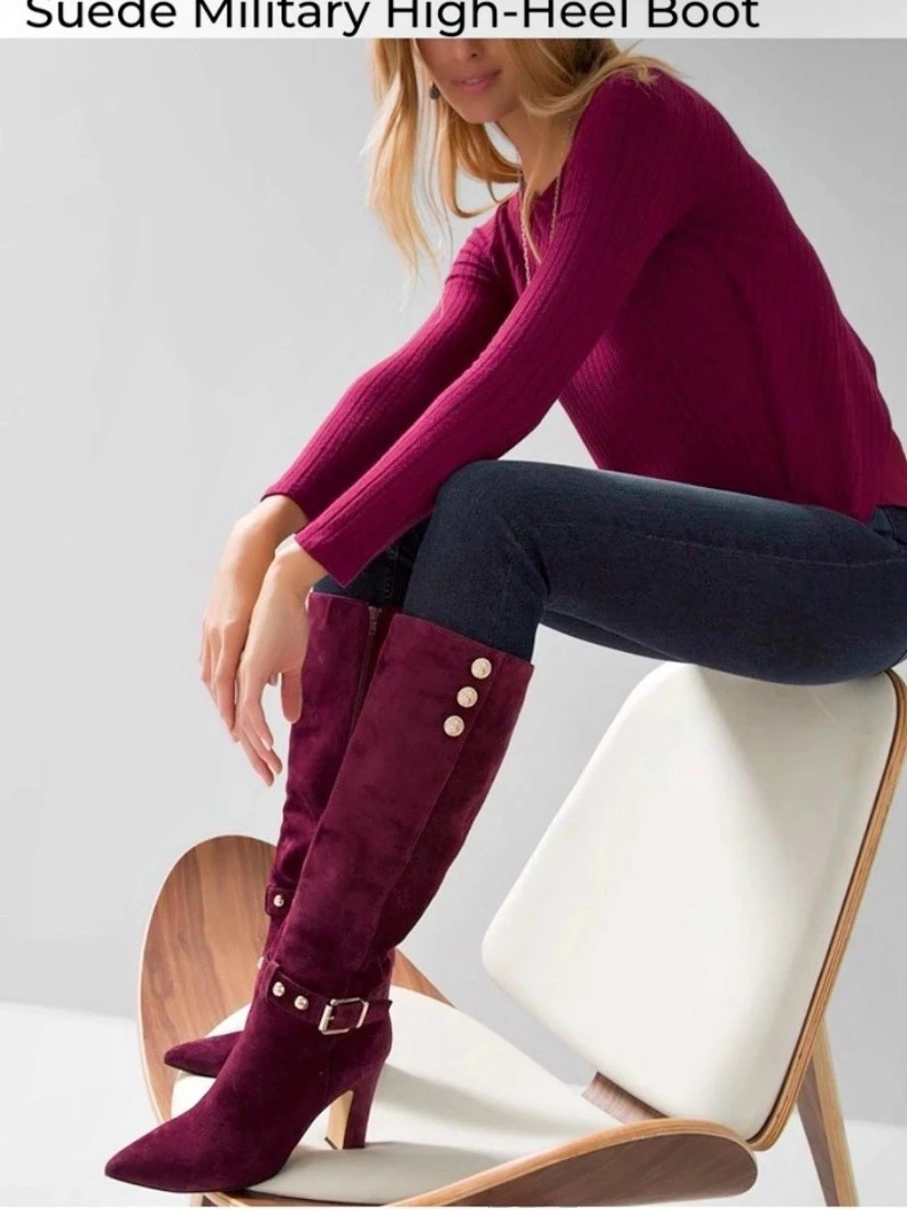 White House Black Market Suede Military High-Heel Boot Boots, Burgundy, Like New